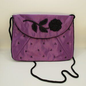 Genie purple satin bag with black floral beading